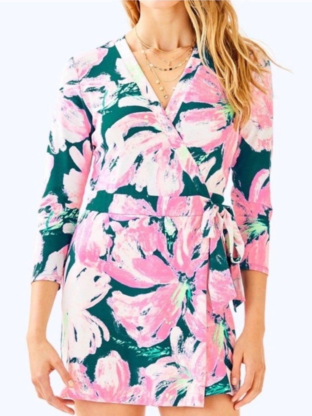 Lilly Pulitzer Karlie Wrap Tidal Wave Pans Garden Teal Pink Floral Romper Size M